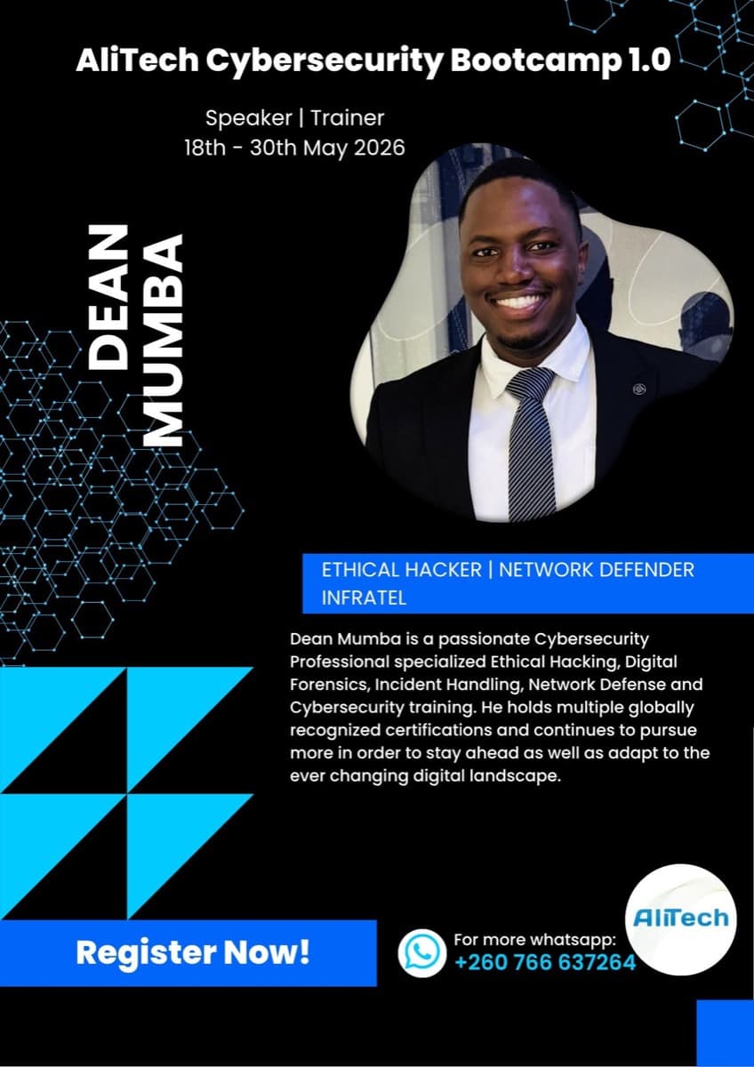 AliTech Cybersecurity Bootcamp 1.0 poster for trainer Dean Mumba, Ethical Hacker · Network Defender