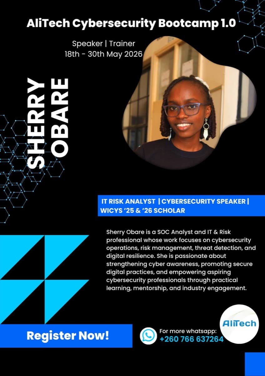 AliTech Cybersecurity Bootcamp 1.0 poster for trainer Sherry Obare, IT Risk Analyst · Cybersecurity Speaker